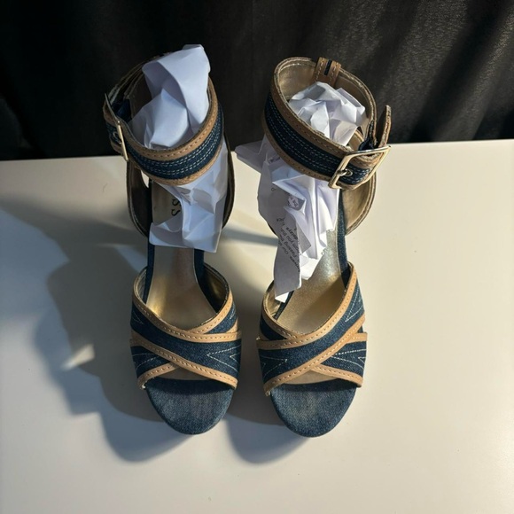 Y2K Guess Denim Leather Trim Open Toe Platform Stiletto Heels - Picture 3 of 7